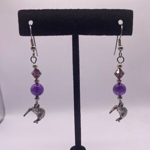 NWT Hand-Made Amethyst, Purple Beads, and Sterling Silver Kiwi Charm Earrings